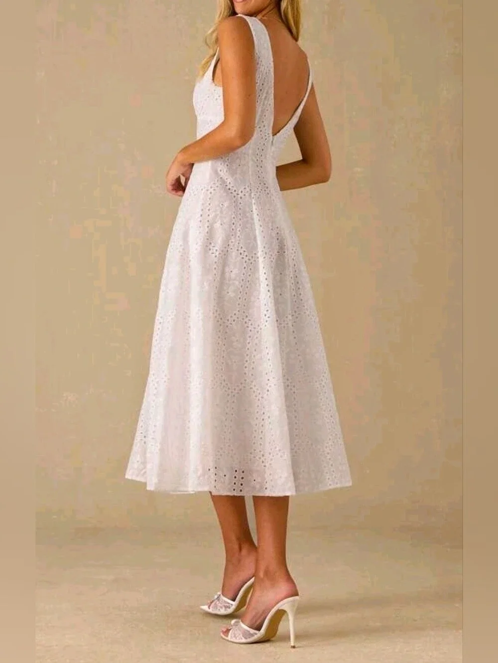 New Embroidered Eyelet Lace Midi Dress Button Detail White